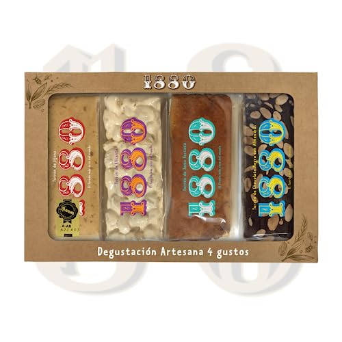 1880 - Degustación Turrones Artesana 4 gustos, Turrón de jijona, de Alicante, de Yema, de Chocolate, 4 x 75g, Pack de 300g