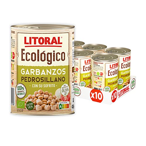LITORAL Garbanzos Ecológicos Variedad Pedrosillano con su sofrito - Plato Preparado Sin Gluten - Pack de 10x425g - Total: 4,25kg