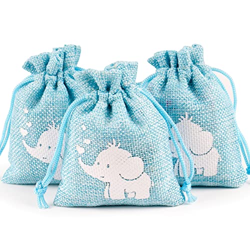 24pcs Bolsas de Regalo Elefante Azul Bolsitas 8x10cm Saquitos de Tela Yute Arpillera de Caramelos Galletas Bombones Dulces Regalos para Baby Shower Bautizo Cumpleaños Revelación de Género Niños