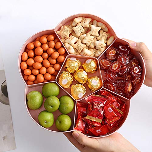 ZSQSM Bandeja de servir bocadillos en forma de flor Caja de almacenamiento con tapa para frutos secos dulces frutos secos con 6 compartimentos, organizador de almacenamiento de alimentos de plástico,