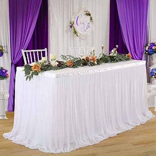 NSSONBEN - Faldón de mesa de tul blanco, decoración de mesa para baby shower, niñas, bodas, cumpleaños, cumpleaños infantiles, comunión (blanco, 183 cm)
