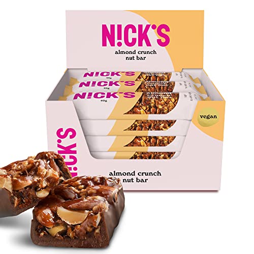 NICKS Almond nut bar, barrita vegana de almendras y frutos secos con keto chocolate sin azúcares añadidos, sin gluten (12x40g)